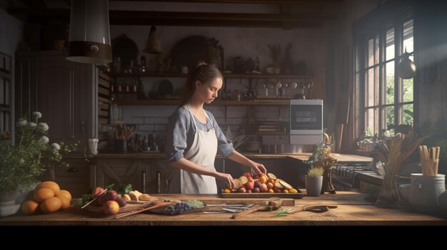 Uma mulher em uma cozinha preparando comida em uma cozinha.