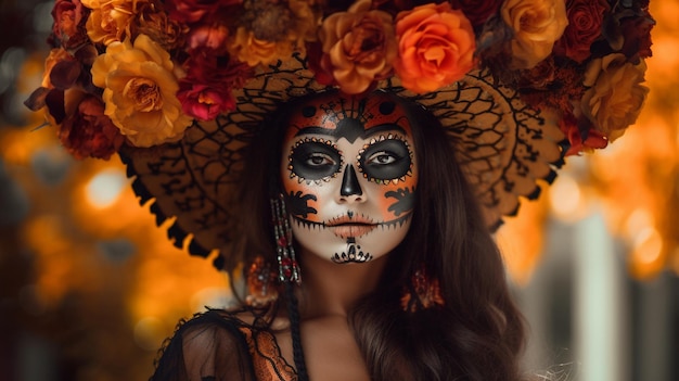 Uma mulher em uma fantasia de halloween com uma coroa de flores