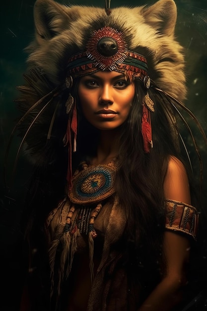 Uma mulher em uma fantasia de índio nativo americano fica na frente de um fundo escuro.