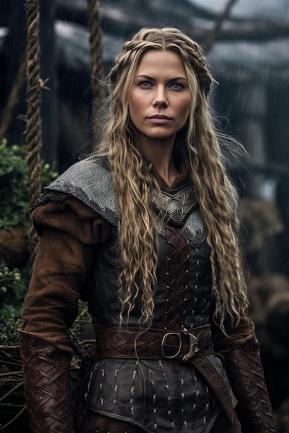 Uma mulher em uma fantasia de viking fica na chuva.