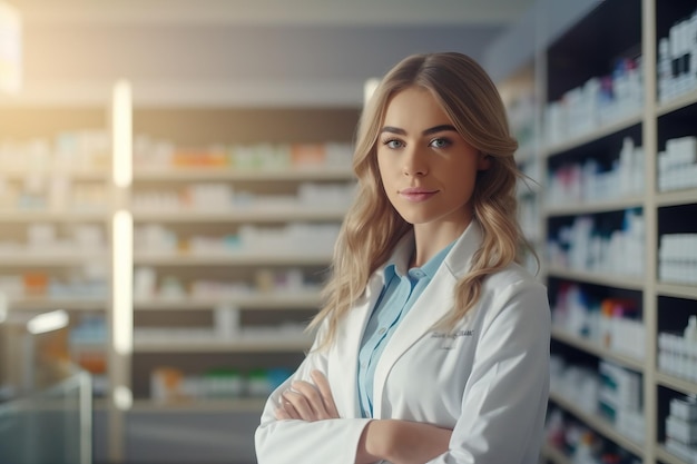 Uma mulher em uma farmácia com um jaleco branco fica em frente a uma prateleira com remédios.