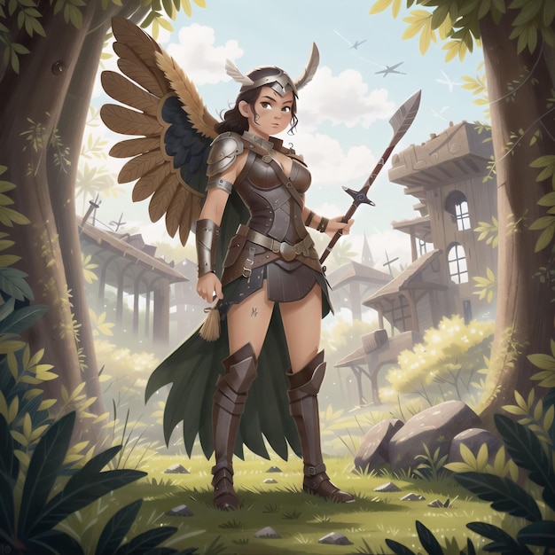 Uma mulher em uma floresta com asas e uma espada.