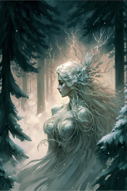 Uma mulher em uma floresta com neve no cabelo