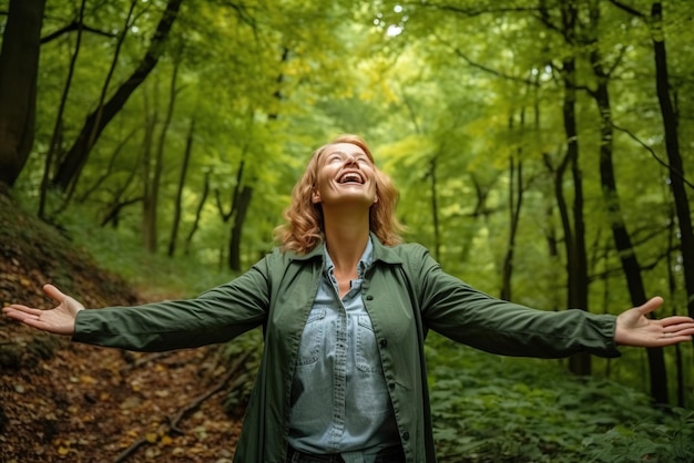 Uma mulher em uma floresta com os braços estendidos