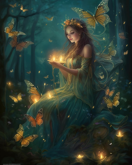 Uma mulher em uma floresta com uma vela brilhante