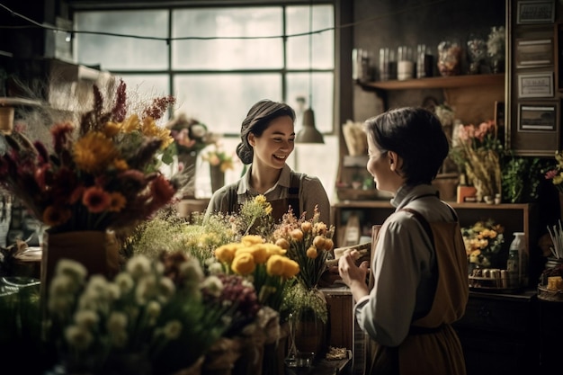 Uma mulher em uma floricultura com uma mulher atrás dela.