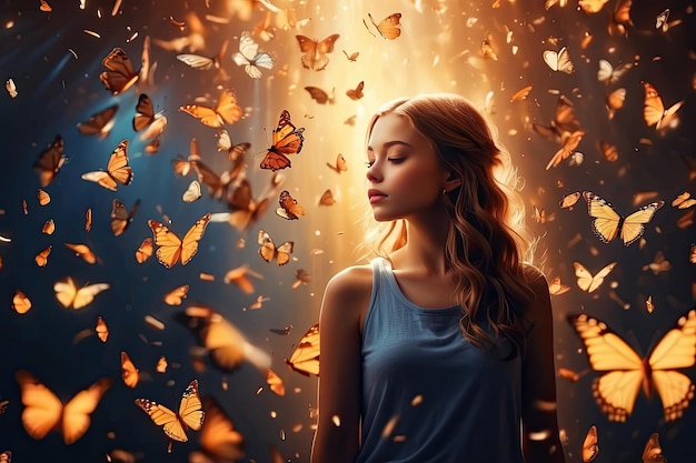 Foto uma mulher em uma luz mágica nebulosa cercada por borboletas em um raio de luz desfrutar da natureza beleza energia feminina feminilidade irradiação mágica unidade com a natureza ia gerada