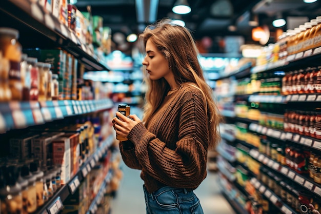 Foto uma mulher em uma mercearia segurando uma caixa de suco de laranja ia generativa