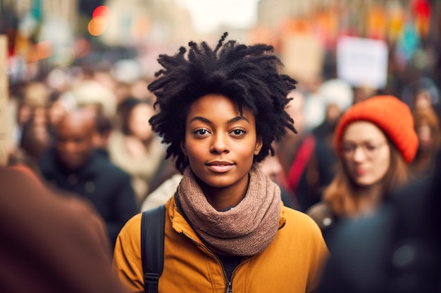 Uma mulher em uma multidão com uma placa que diz 'eu sou um humano'