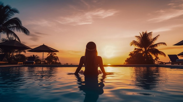 Uma mulher em uma piscina com um pôr do sol ao fundo
