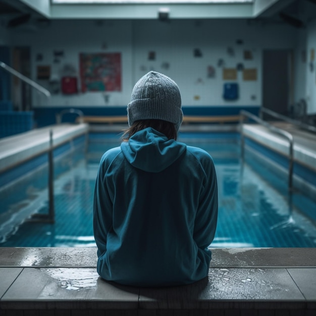 uma mulher em uma piscina sozinha