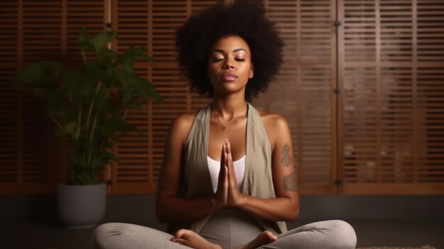 Uma mulher em uma pose de ioga com os olhos fechados e os olhos fechados.