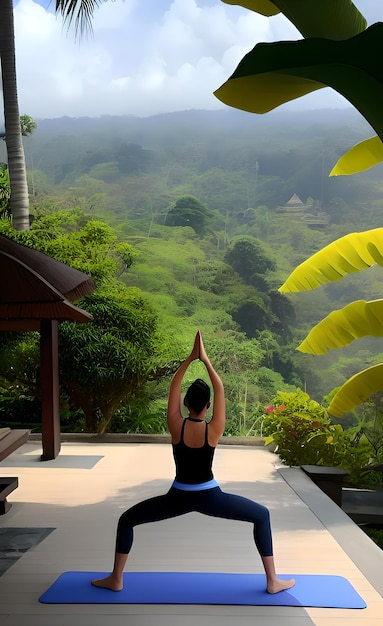 Uma mulher em uma pose de ioga na frente de uma selva tropical.