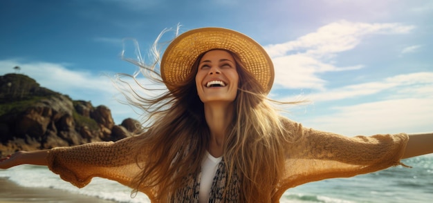 Foto uma mulher em uma praia com um chapéu