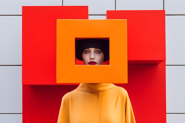 Foto uma mulher em uma roupa amarela com uma caixa laranja em forma de quadrado na cabeça