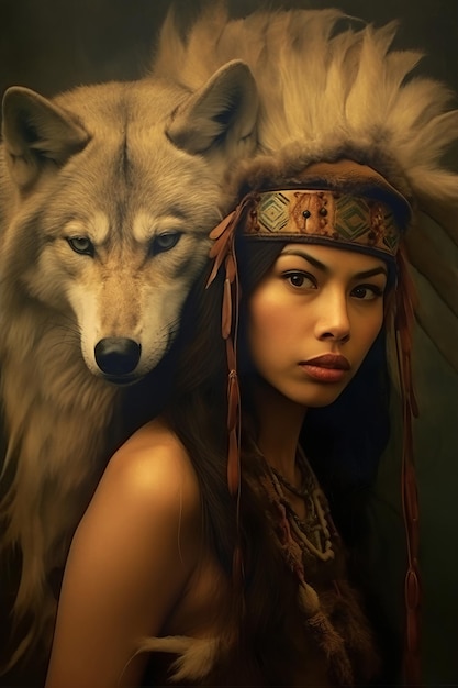 Uma mulher em uma roupa de índio nativo americano fica ao lado de um lobo.