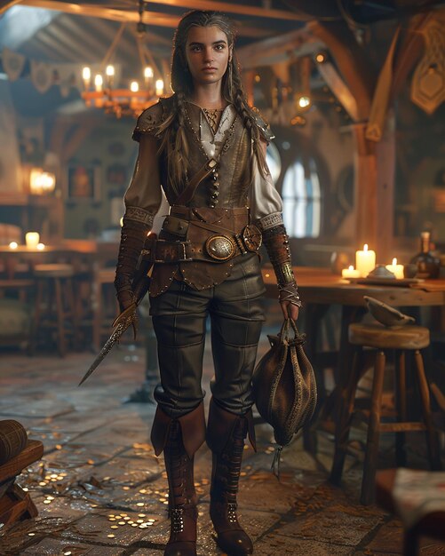 uma mulher em uma roupa de pirata está em frente a uma mesa com um sinal que diz que ela é uma guerreira