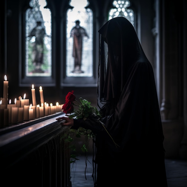 uma mulher em uma túnica preta segurando uma rosa na frente de velas