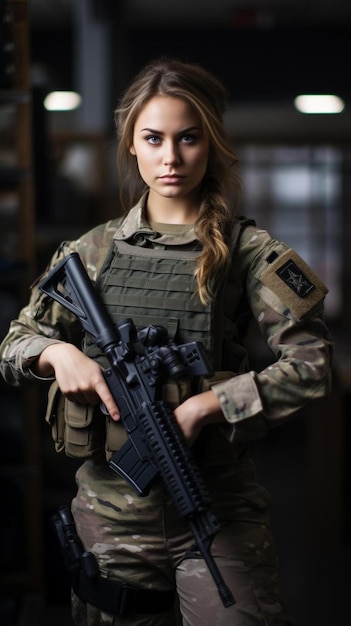 uma mulher em uniforme militar segurando um rifle