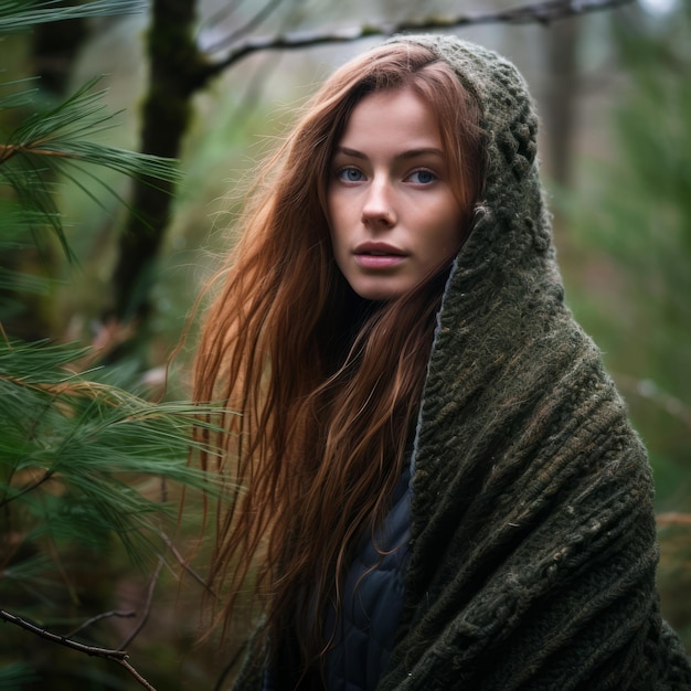 uma mulher enrolada em um cobertor na floresta