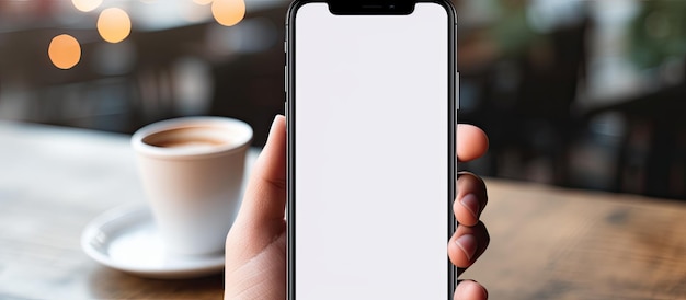 Uma mulher enviando mensagens de texto em um telefone celular em uma cafeteria com uma maquete de tela branca em branco