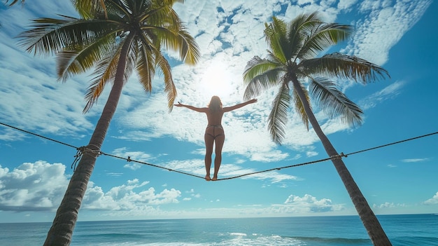 Foto uma mulher equilibra-se em uma corda de arame entre o fundo
