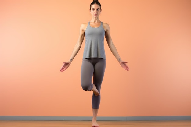 Uma mulher equilibra-se em uma perna em uma postura de ioga mostrando sua força e flexibilidade Mulher praticando estendida mão de pé para o dedo grande asana AI gerado