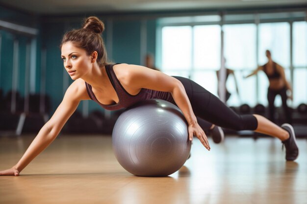 Foto uma mulher equilibra-se numa bola de pilates com equilíbrio e controlo