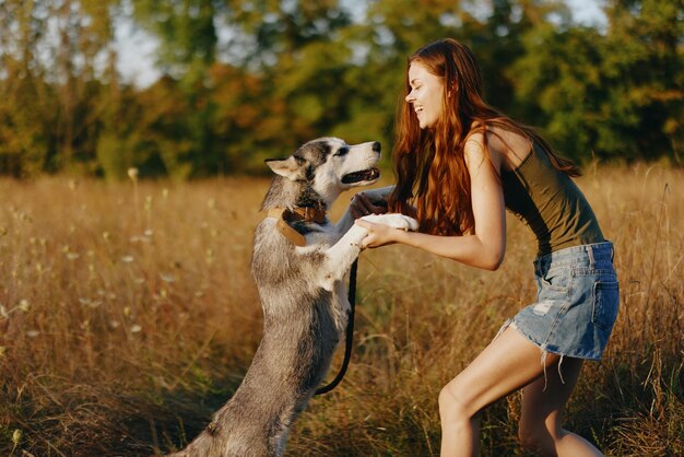 Uma mulher esbelta brinca e dança com um cão de raça husky na natureza no outono em um campo de grama e sorri em uma boa noite sob o sol poente