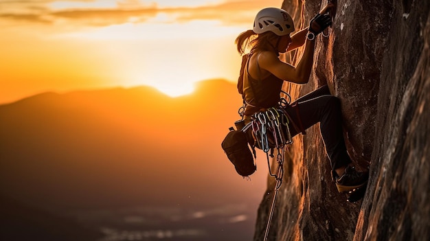 Foto uma mulher escalando um penhasco ao pôr do sol com o sol se pondo atrás dela.