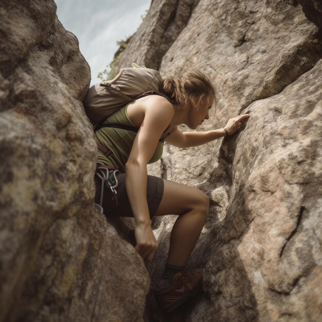 Uma mulher escalando uma rocha com uma mochila nas costas.