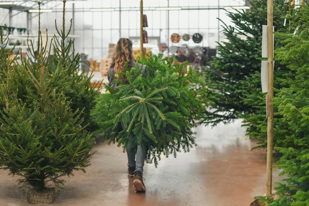 Uma mulher escolhe uma árvore de Natal no mercado.