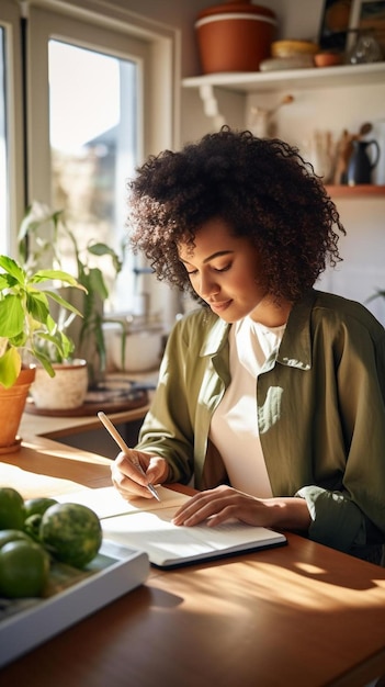 Foto uma mulher escrevendo em um caderno com um lápis e uma planta no fundo