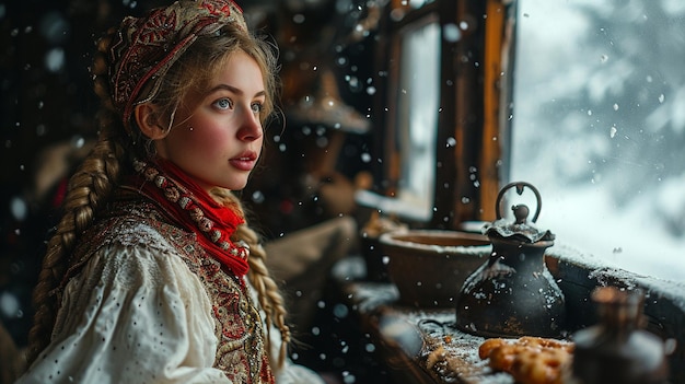 Uma mulher eslava tradicional preparando comida durante um inverno duro