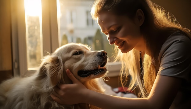 Foto uma mulher está a acariciar um cão.