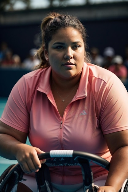 Uma mulher está a andar de remo com uma camisa rosa.