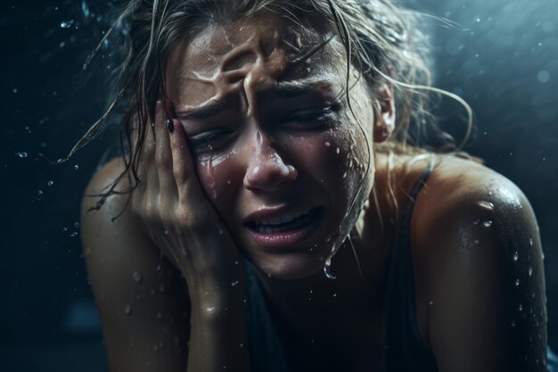 Uma mulher está a chorar na chuva.