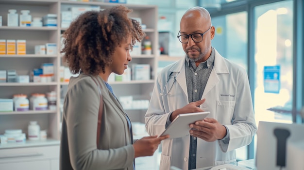 Foto uma mulher está a falar com um homem num laboratório com um médico.