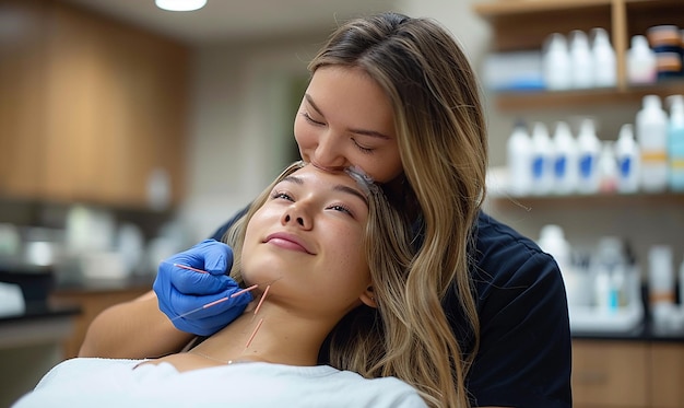 Uma mulher está a ser examinada por uma enfermeira.