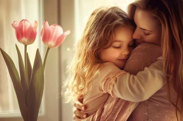 Uma mulher está abraçando uma criança e há flores cor-de-rosa no fundo