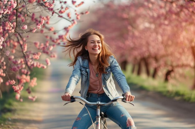 Foto uma mulher está andando de bicicleta por uma estrada com flores de cerejeira ao fundo