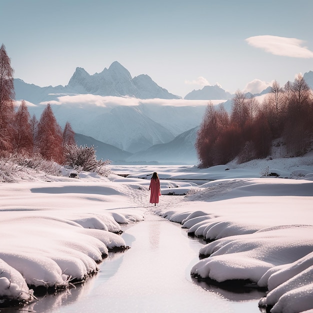 Uma mulher está andando em torno de um lago congelado com neve ao seu redor