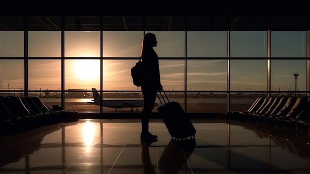 Uma mulher está andando em um aeroporto com uma mala em frente a uma janela com o sol se pondo atrás de sua inteligência artificial