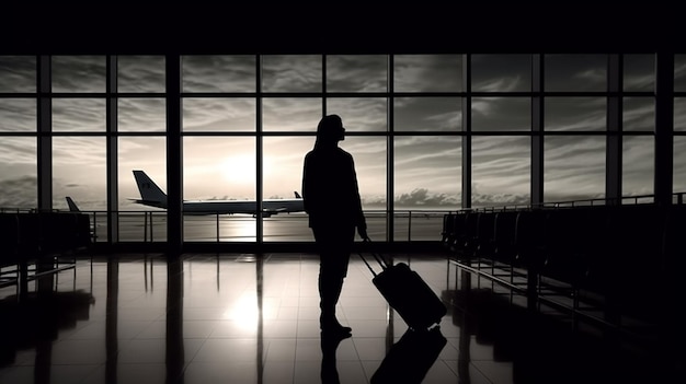 Uma mulher está andando em um aeroporto com uma mala em frente a uma janela com o sol se pondo atrás de sua inteligência artificial