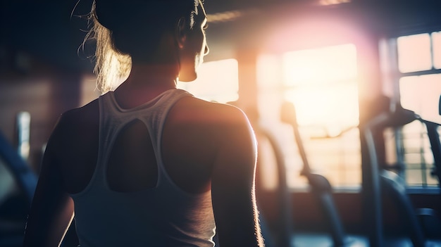 Uma mulher está andando em uma esteira em uma academia.