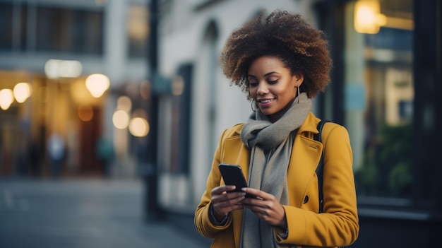 uma mulher está andando pela rua e mandando mensagens de texto em seu telefone.