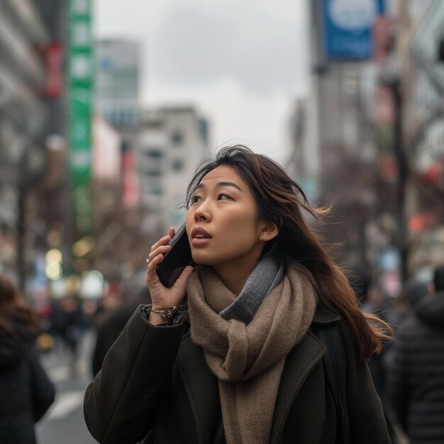 uma mulher está andando pela rua falando em um telefone celular