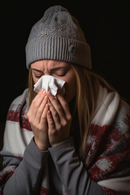 Foto uma mulher está assoando o nariz enquanto usa um chapéu de inverno