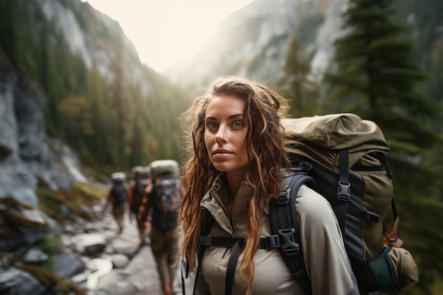 Uma mulher está caminhando através de florestas e montanhas em uma roupa de caminhada conceito de viagem generativo ai