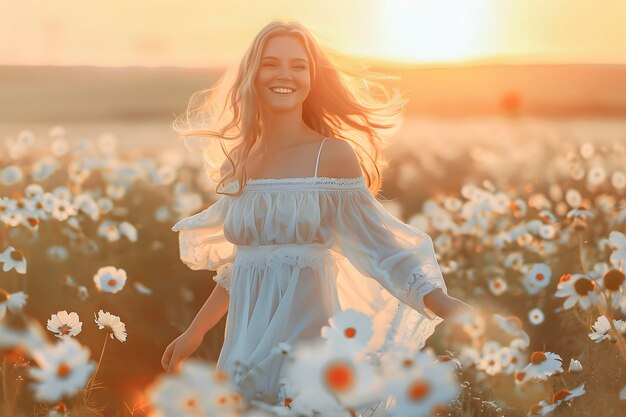 Foto uma mulher está caminhando por um campo de flores